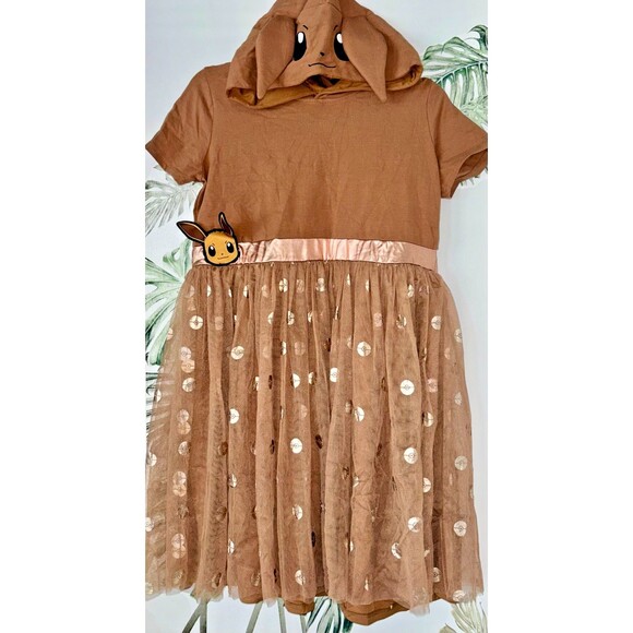 Pokemon Eve Girl's Size 2X Dress Short Sleeve Hooded And Lace Bottom Brown - Picture 1 of 6
